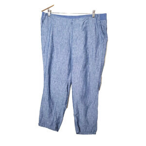 J Jill LOVE‎ LINEN Pants Womens Large Petite Straight Leg Elastic Waist Blue